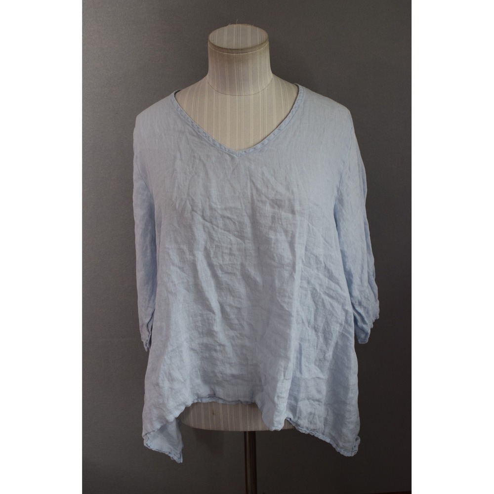 Match Point Linen Tunic Top Small Light Blue V-Neck Sharkbite Boho Lagenlook